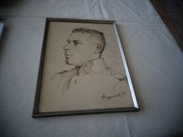 Antike Radirung Soldat signiert