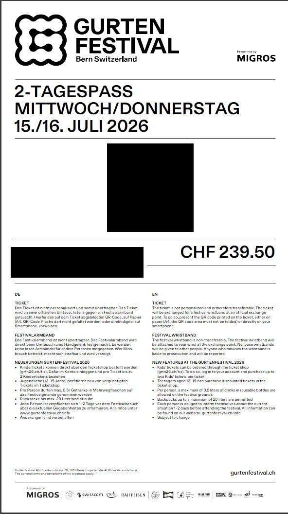 Tickets: Gurtenfestival 2026 / Mi+DO Zweitagespass – Neu und originalverpackt aus Bern von meben782 1