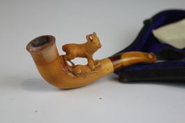 Antike Meerschaum Pfeife Gämse Bernstein mit Etui
