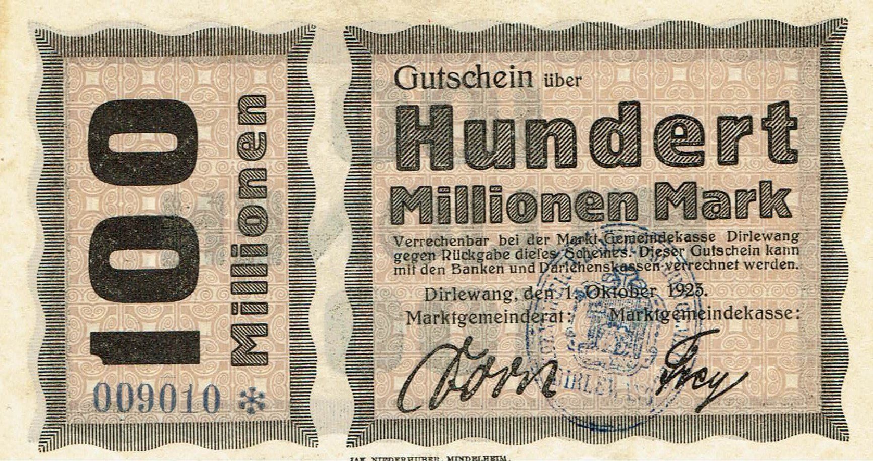 Banconote: Dirlewang 100 Mil.Mark+Stempel 01.10.1923 VZ+-VZ++ – Usato da Steffisburg venduto da ber_8htf