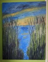 Gemälde Landschaft See Schilf handmade 60×80
