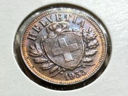 Schweiz 2 Rappen 1933 unz  Schild Freiheitshut + Patina +