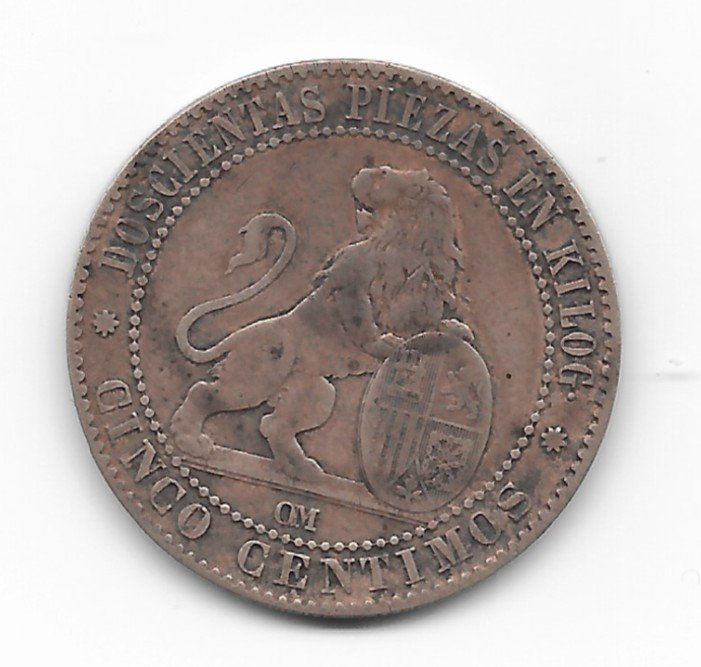 Tutti le monete: 1870 PESETAS MÜNZE CINCO CENTIMOS – Usato da Reinach BL venduto da Katzenmorli 1