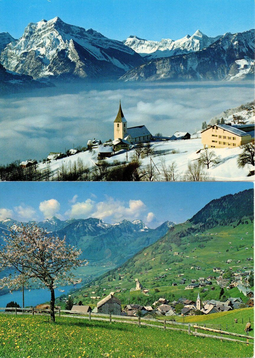 Ansichtskarten: 2 x AK AMDEN Kirche, Rautispitz, Frühling – Neu (gemäss Beschreibung) aus Jona von philajona