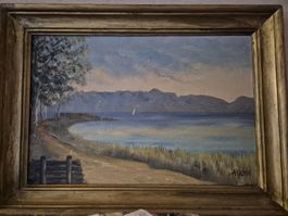 Peinture à l'huile vintage - Bord du lac paisible 🌊🖼️