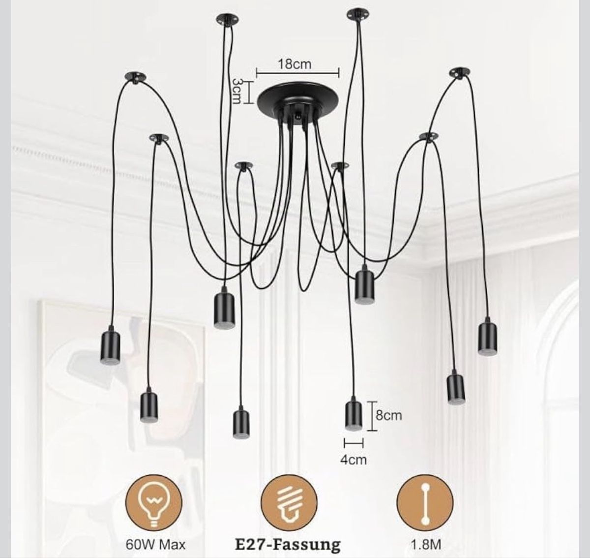 Lampadari & plafoniere: Deckenleuchte Pendelleuchte Hängeleuchte 8flammig schwarz – Nuovo e nell'imballaggio originale da Strengelbach venduto da retourenjaeger.ch 2