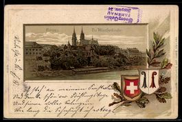Präge-Lithographie Basel, Münsterkirche mit Flusspartie im P