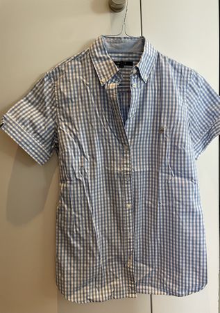 GANT Hemd Kurzarm Gr. M hellblau weiss kariert Baumwolle