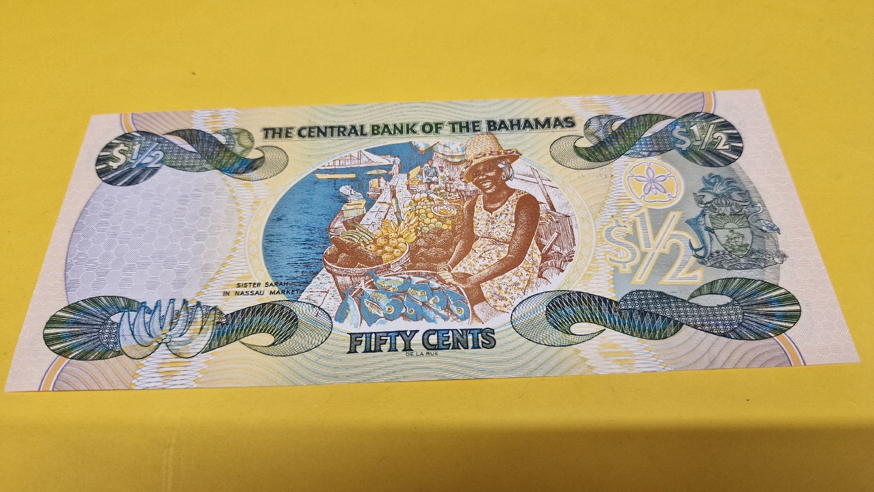 Banconote: Bahamas Banknote, 50 Cents, Serie 2001, – Nuovo e nell'imballaggio originale da Herisau venduto da Antiques.AR 1