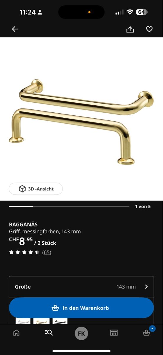 Porte: 3stk. BAGGANÄS Griffe messingfarben 143 mm  – Nuovo e nell'imballaggio originale da Winterthur venduto da fij_f65r