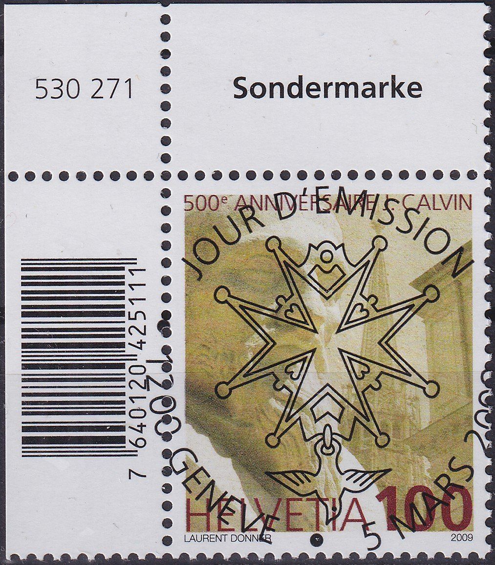 Tutti i francobolli: 2009, Nr.1299 "J. Calvin" mit ET-Voll-Stempel + ECKTABS. – Usato da Sursee venduto da Luzernerraute