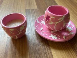Romantisches Teelicht-Set, Keramik Rosa/Weiss, Vintage Stil