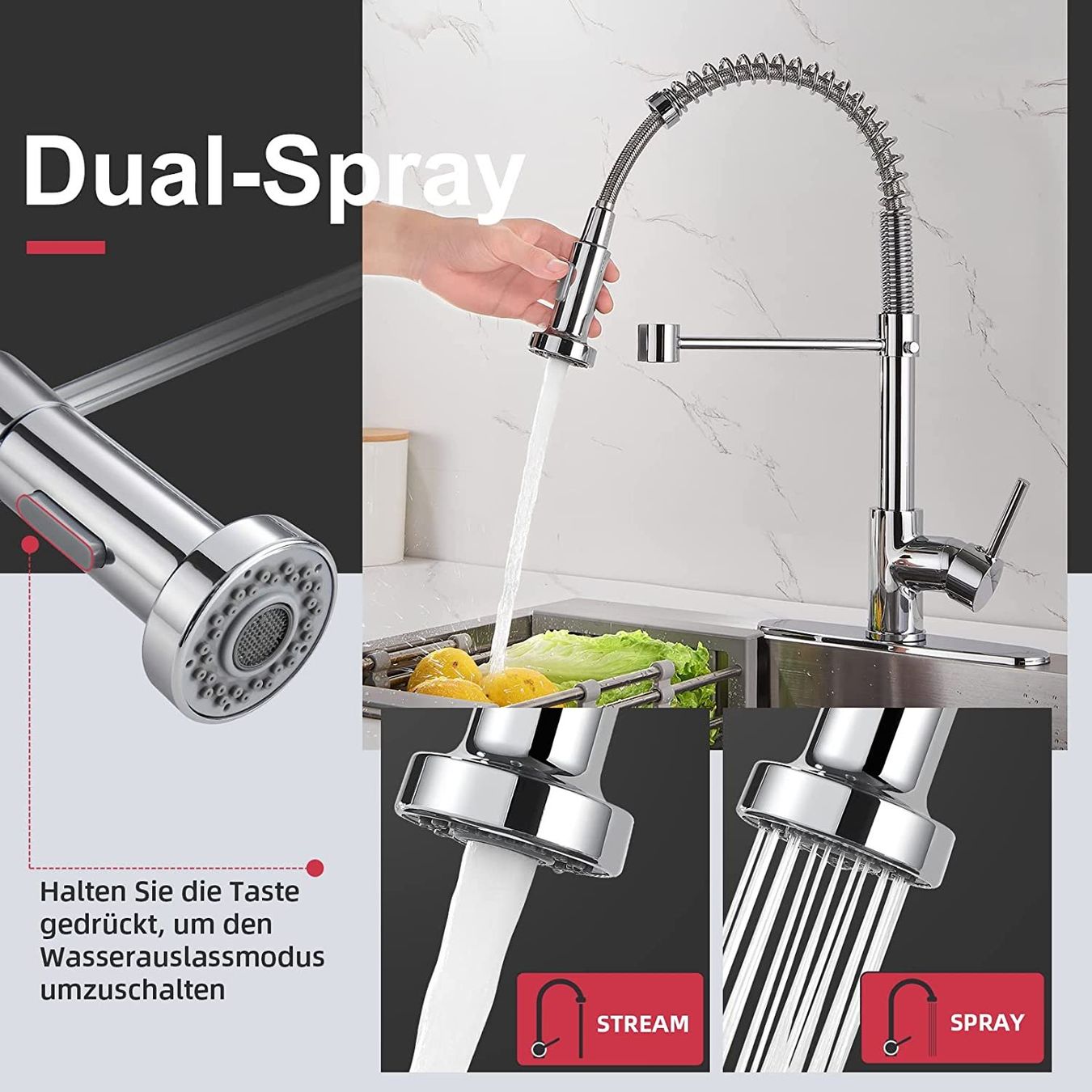 Rubinetteria: Küchenarmatur 360° mit Pull Down Sprüher Brause 2 Sprühmodi – Nuovo e nell'imballaggio originale da Herisau venduto da Serenco 2