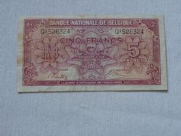 Belgische 5 Francs Banknote, 1943, Top Zustand, Selten!