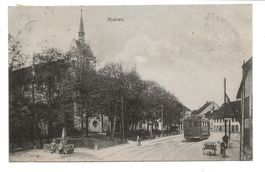 Riehen (BS) Dorfpartie mit Kirche - Tram - Lörrach 1908