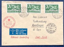 1939 Sonderpostflug 3 x 4y Rotes Kreuz Convention Genève -ZH