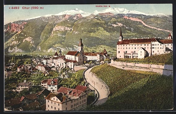 Cartoline postali: Chur, Blick über Kirche auf die Alpen – Usato da Berlin venduto da bartko-reher