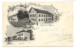 Gruss aus Wynau (BE) Oberaargau - Bahnhof - Schulhaus - 1906