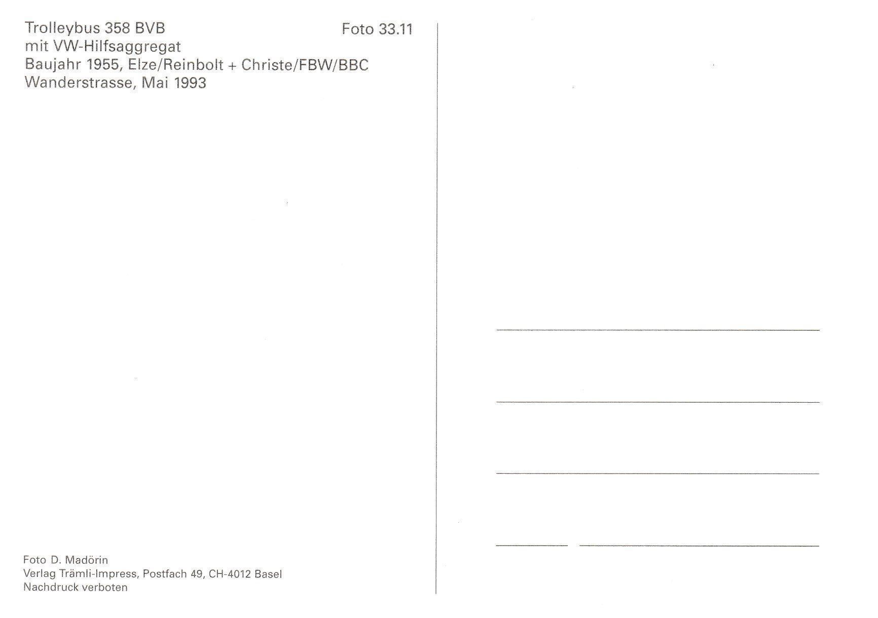 Cartoline postali: Trolleybus / Obus Basel BVB FBW 358 – Nuovo e nell'imballaggio originale da Ettingen venduto da Pantograph163 1