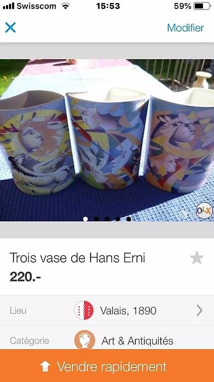 Vasi & Recipienti: 3 Vases de Hans Erni. – Usato da St. Maurice venduto da Benoit12