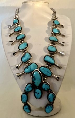 Rare Collier Navajo  Squash Blossom Argent Massif Turquoises
