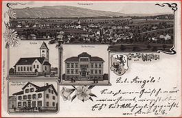 LITHO Gruss aus WÄNGI Kirche, Schulhaus, Handlung J. Zumbühl