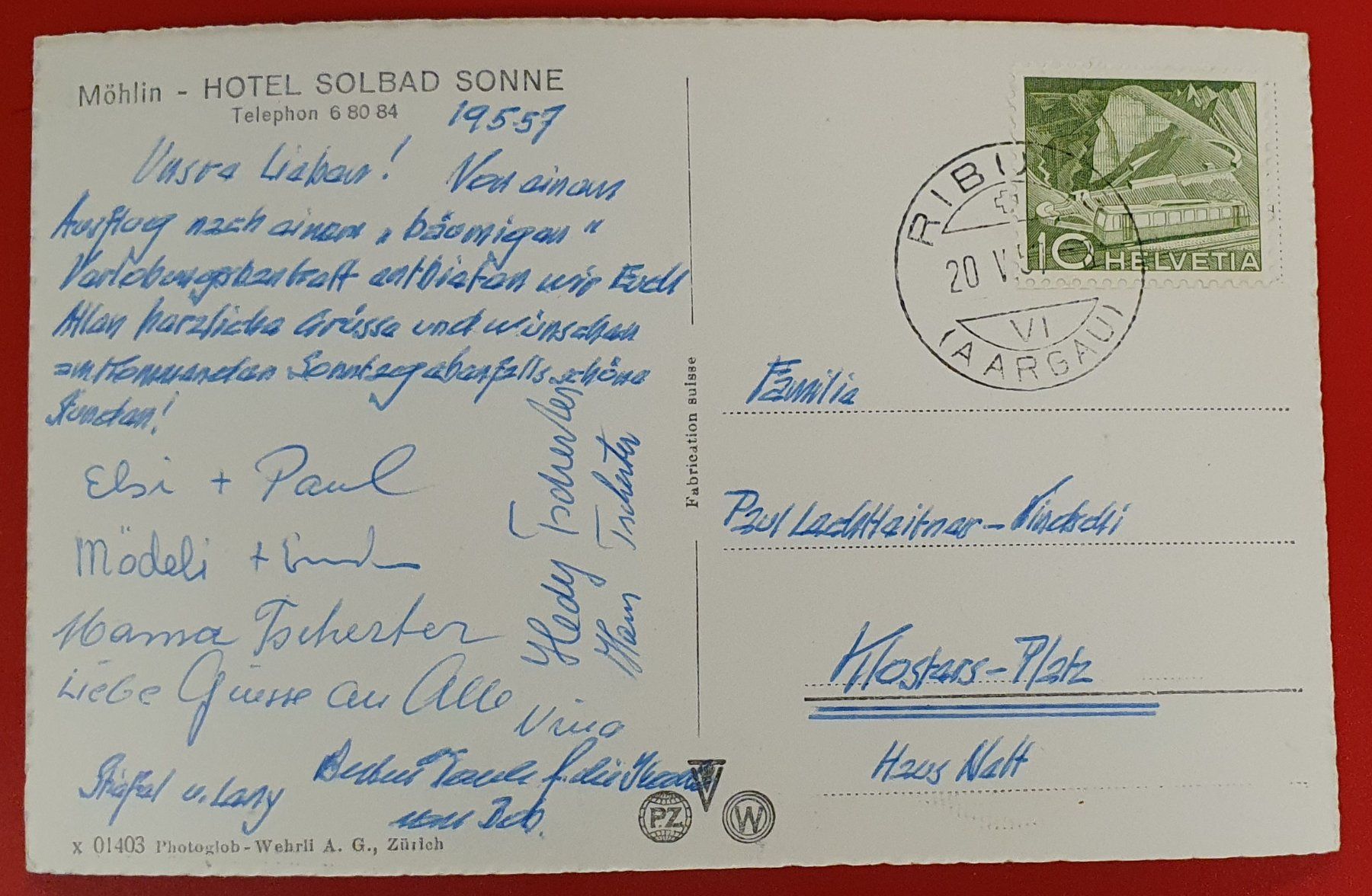 Cartoline postali: Möhlin 1957 - HOTEL SOLBAD SONNE – Usato da Kreuzlingen venduto da Rschweiz1 1