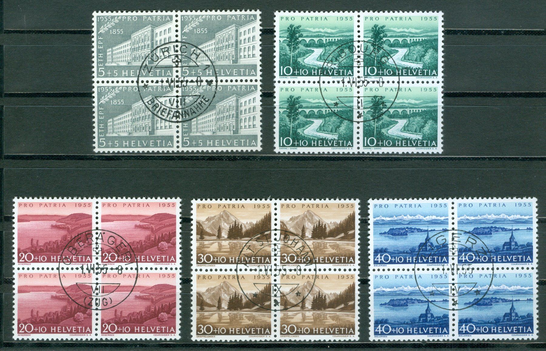 Alle Briefmarken: 1955 Schweiz Pro Patria Vierreblocks – Gebraucht aus Zürich von yago-rot