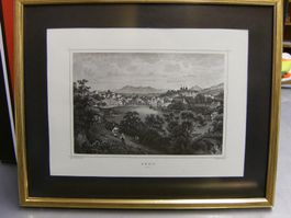 Genf Lithografie Kunstdruck Holzrahmen goldig 31.5 x 25.5 cm