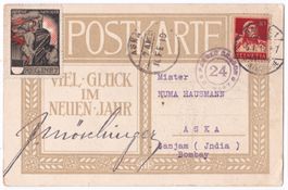 AK 1919 Basel n. Indien mit Soldatenmarke, Zensurstpl BOMBAY