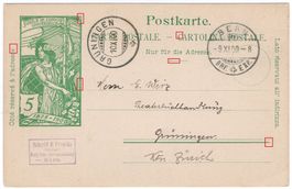 5 Rp. UPU Postkarte von BERN nach GRÜNINGEN