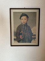 Gerahmtes Winterbild "Knabe mit Schiefertafel", antik