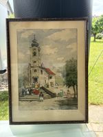 Antique framed Tyrol painting of church scene, signed.