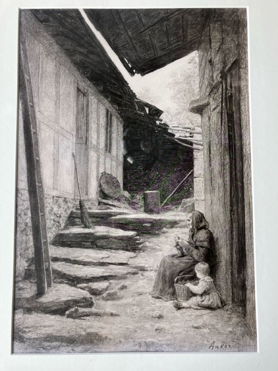 Foto & Immagini: Albert Anker, Kind mit Grossmutter vor Haus, Passpartout – Usato da Ebnat-Kappel venduto da Trolley 1