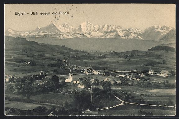 Cartoline postali: Biglen, Gesamtansicht mit Alpen aus der  – Usato da Berlin venduto da bartko-reher
