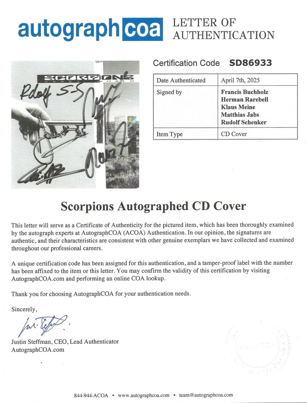 Autogramme: SCORPIONS original Autogramm / Zertifikat (LOA) /CRAZY WORLD – Gebraucht aus Guntershausen von sign4me 1