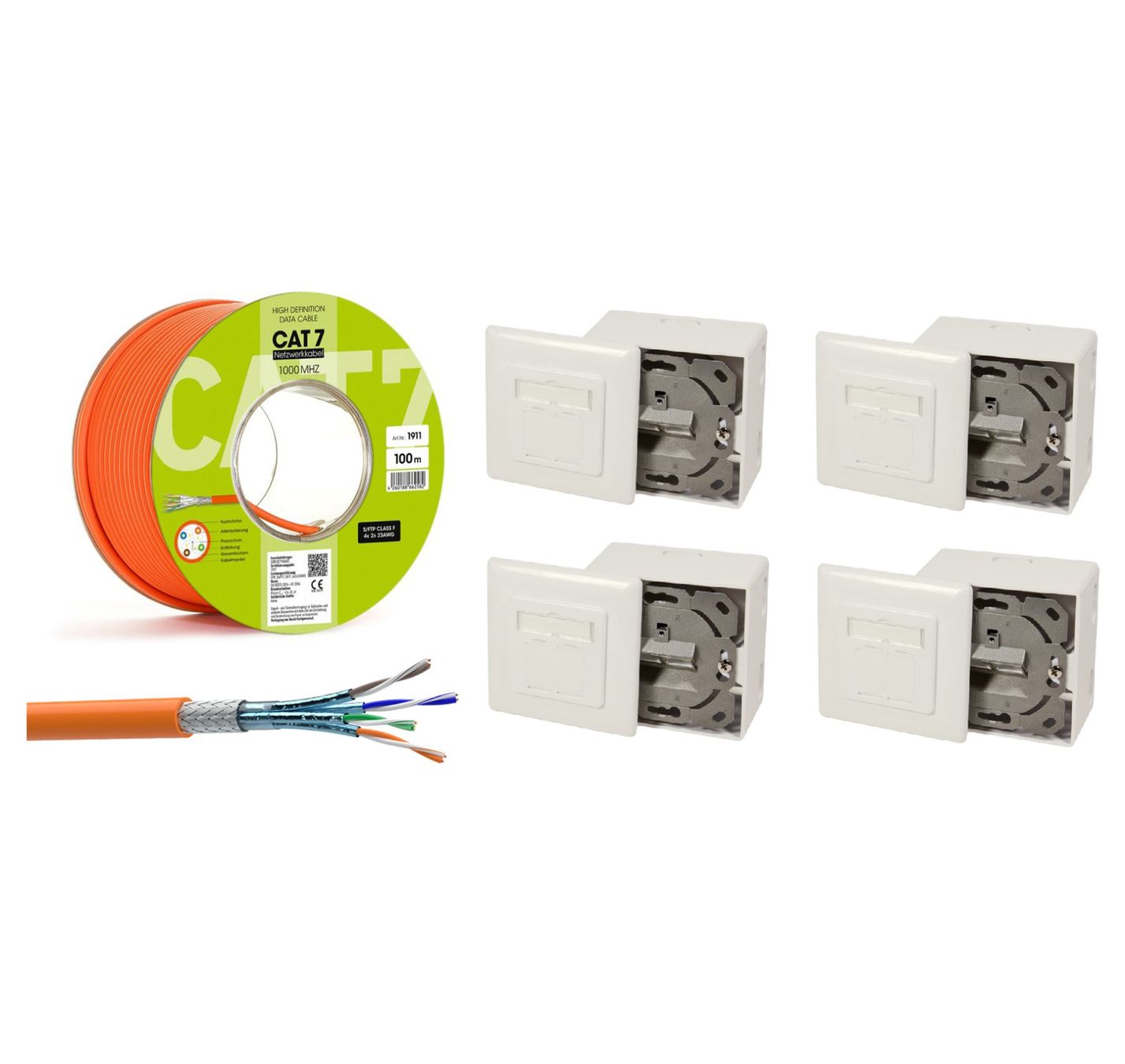 Spine: 100m Cat7 Kabel + 4 Netzwerkdosen Cat6a – Nuovo e nell'imballaggio originale da Perlen venduto da shelbycobra