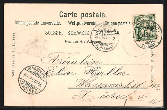 Cartoline postali: Lithographie Zürich, Totale mit Kirche – Usato da Berlin venduto da bartko-reher 1