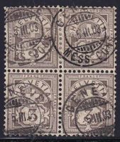 3Rp. grau, Viererblock je Marke gestempelt GENEVE Mess.Cons.