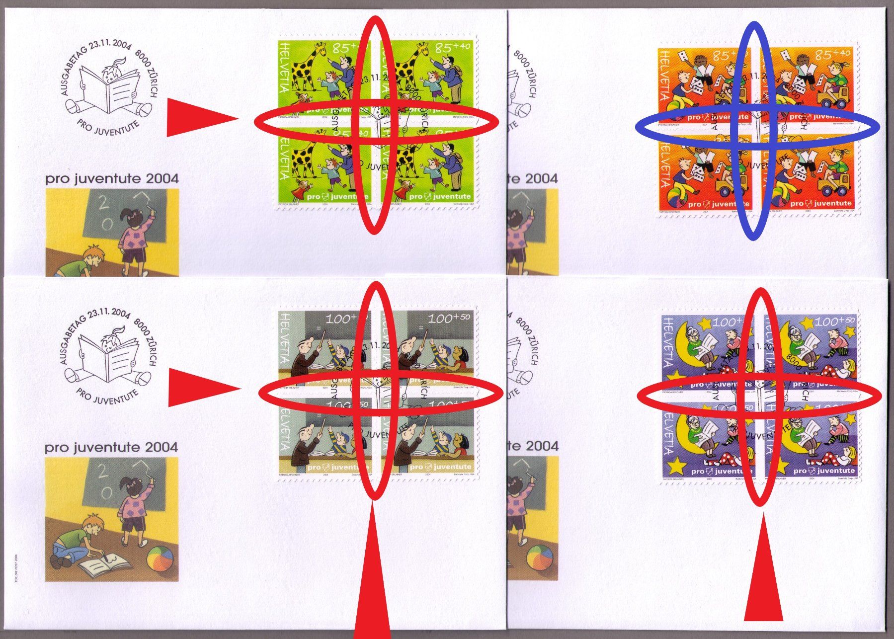 Tutti i francobolli: 2004_J373-76_PRO JUVENTUTE_FDC Vb-Marken ZUSAMMENHÄNG.+HELL! – Usato da Marthalen venduto da Ch_quality