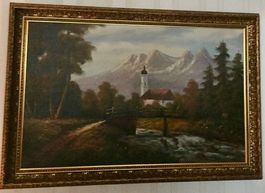 Ölgemälde mit Alpenmotiv, signiert Baumann, Herbstdeko