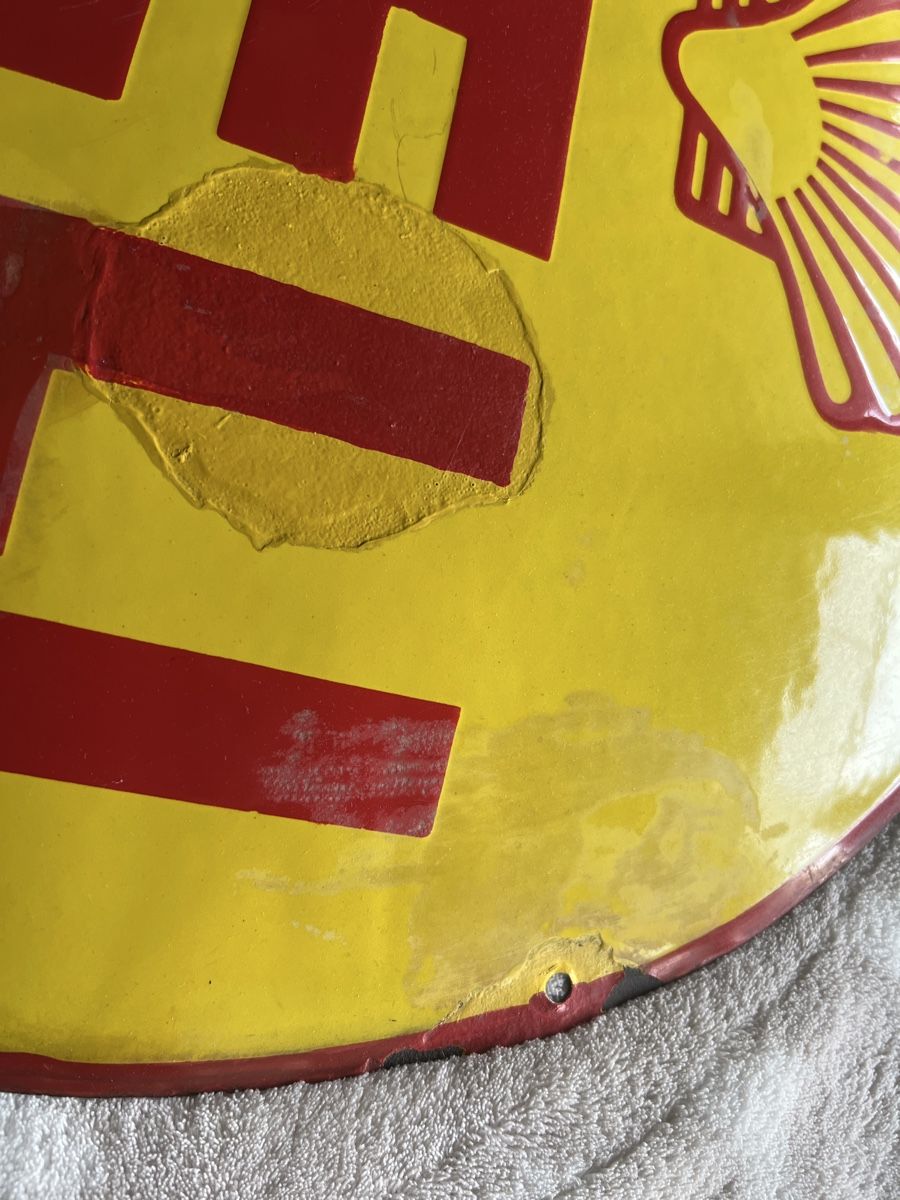 Shell Insegne: Shell Benzin-Pumpe Schild,  Emailschild – Usato da Mellingen venduto da Oelquelle 3