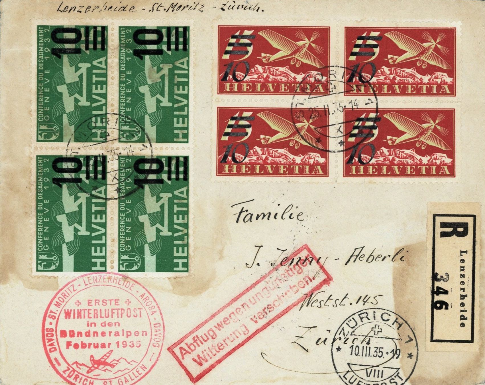 Tous les timbres: 1925: Winterluftpost, St. Moritz-ZH mit zwei Viererblocks – D'occasion à Basel par Strubelibs