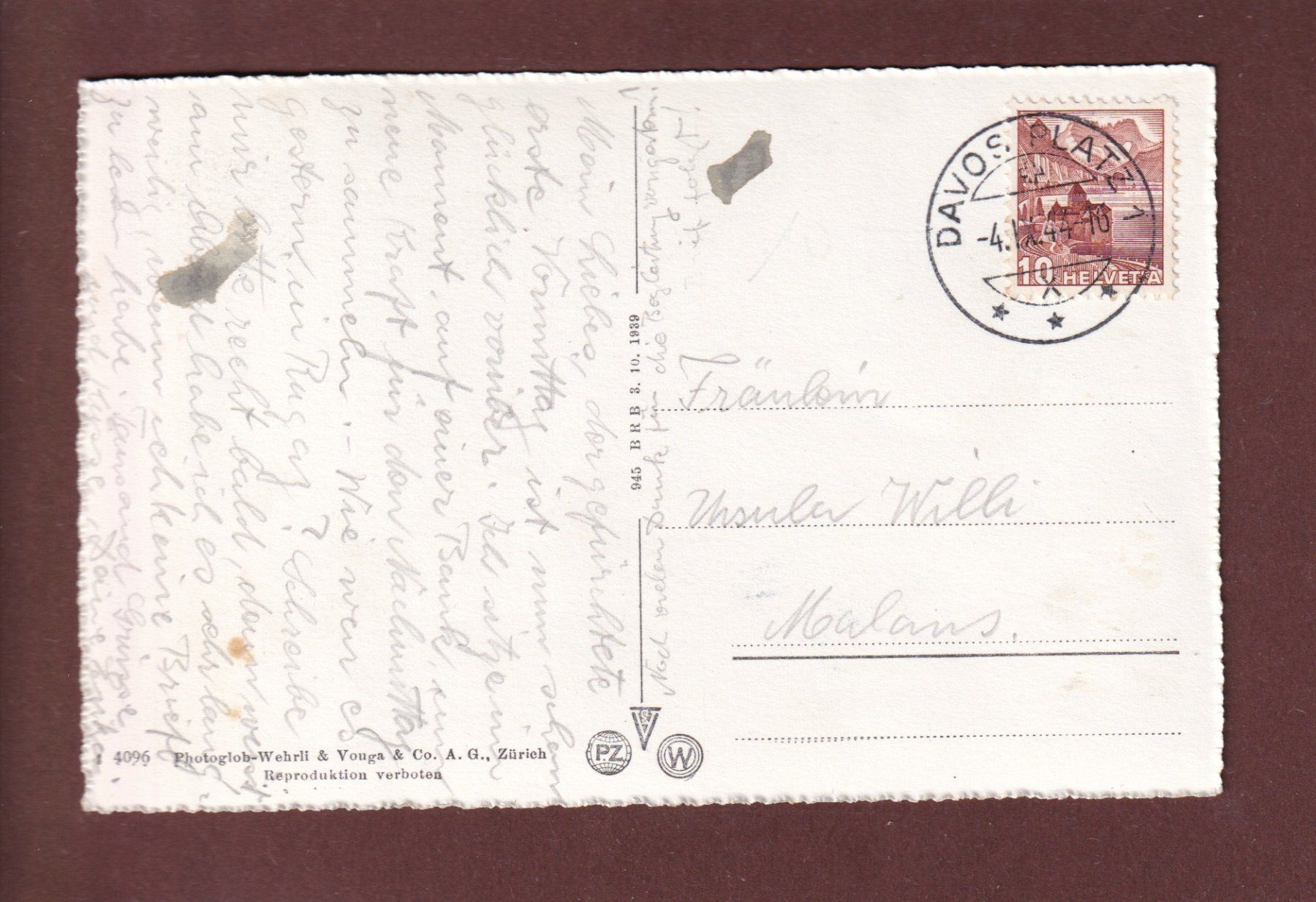 Cartoline postali: DAVOS-PLATZ - 1944 – Usato da Pully venduto da nicecards 1