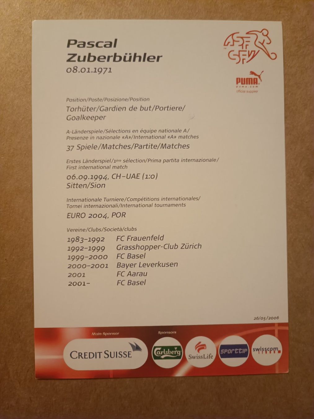 Autographes: Pascal Zuberbühler - handsignierte SFV Autogrammkarte – D'occasion à Menziken par Artographs 1