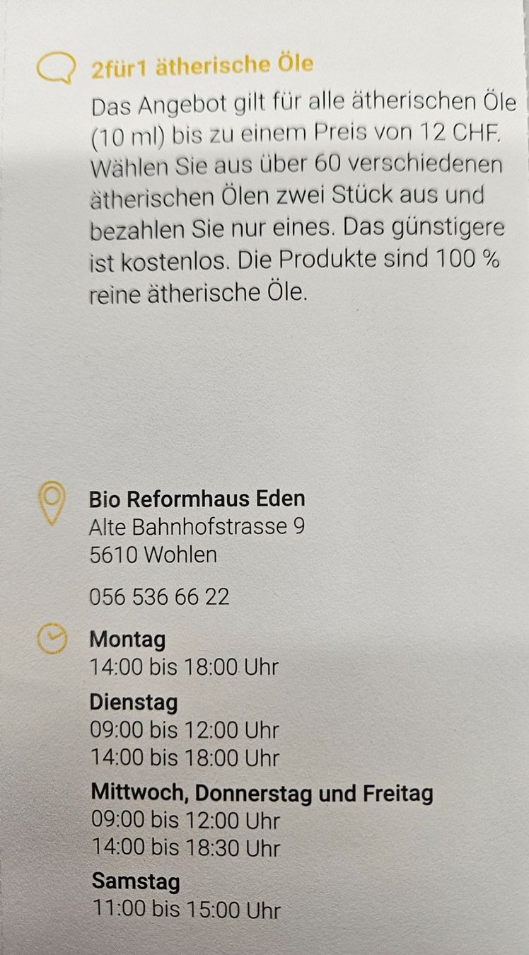 Gutscheine: Gratis Ätherische Öl Bio Reformhaus Wohlen – Neu und originalverpackt aus Uezwil von Jasmin_ 1