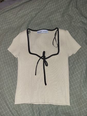 Ribbed T-Shirt Bershka White Black Detail Size S