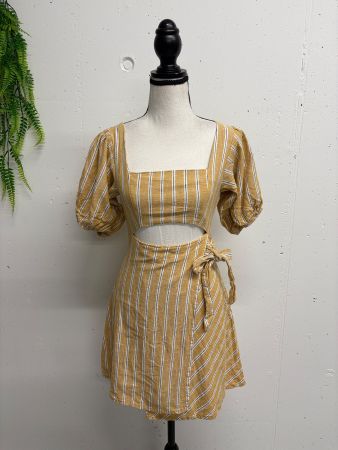 Zara Cut-Out Kleid kurz gestreift gelb Gr. XS beige Leinen