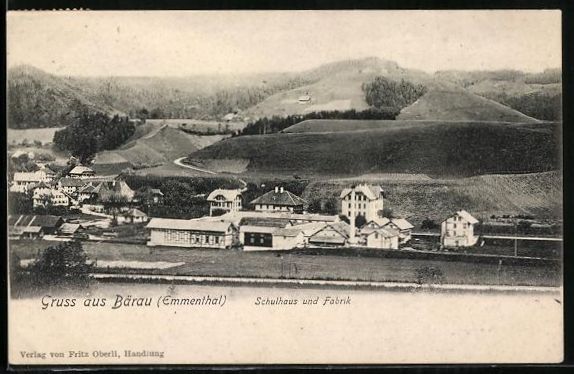 Cartoline postali: Bärau / Emmenthal, Fabrik und Schulhaus – Usato da Berlin venduto da bartko-reher