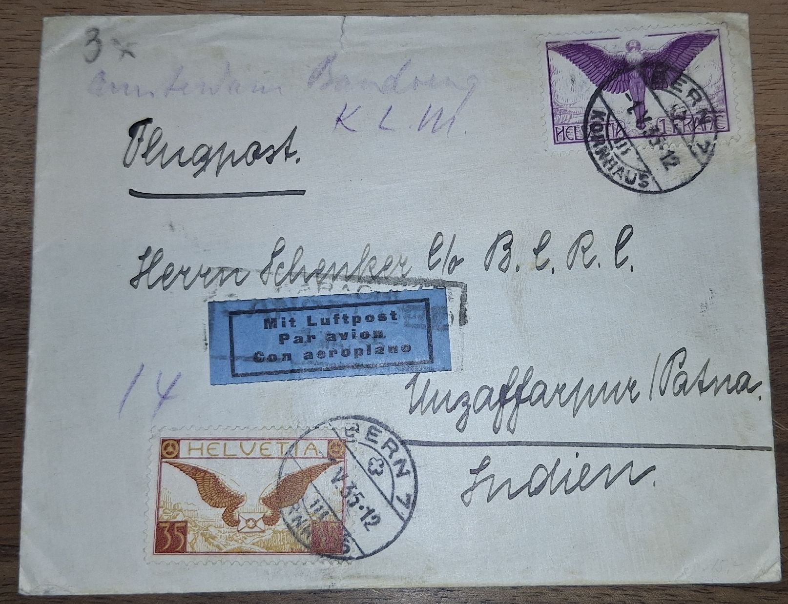 Tutti i francobolli: Flugpostbrief Bern - Indien – Usato da Balgach venduto da SIMEON27